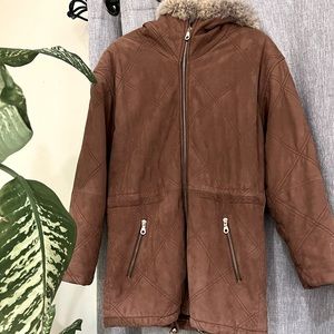 Marc Womens Leather Fur Trim Hood Heavy Winter  Coat Size Med